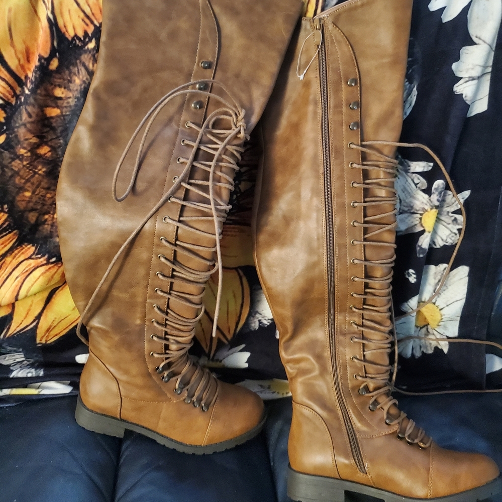 Brown leather knee high boots